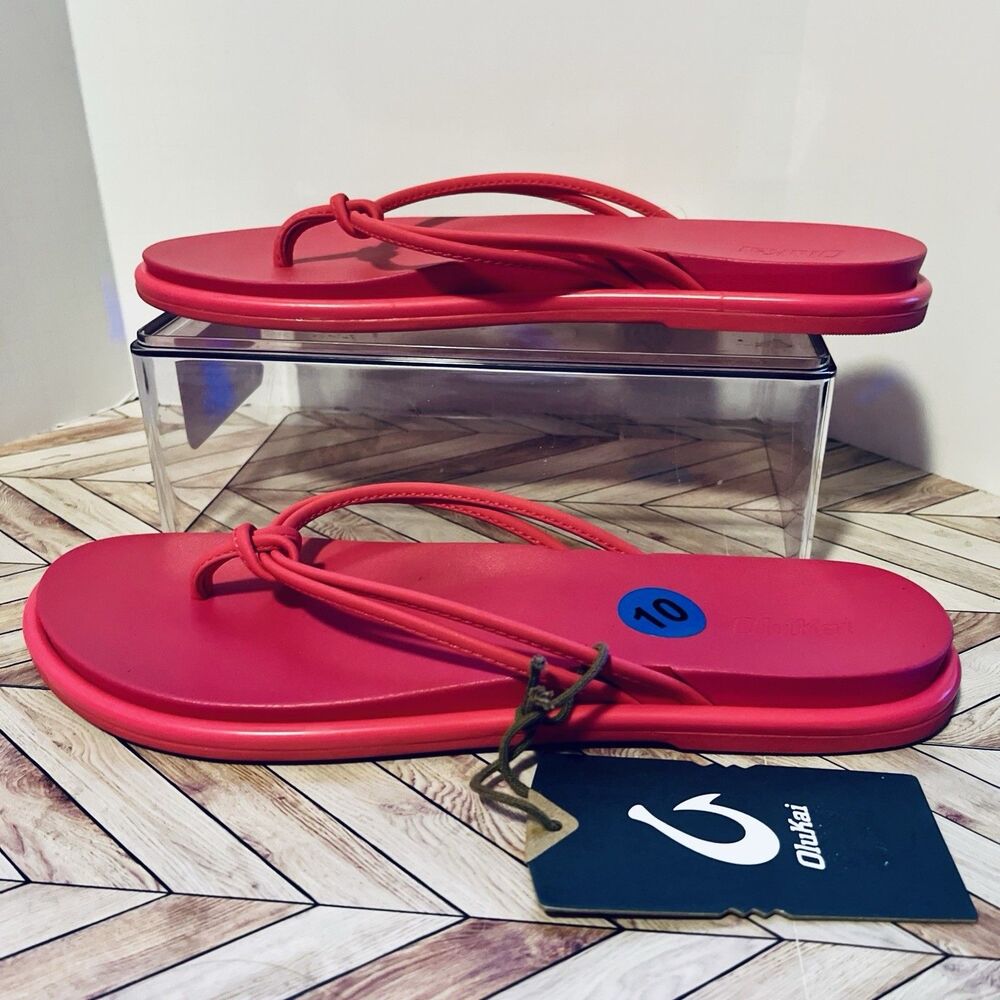 OluKai Aka Flip Flop Sandals Pink Plumeria Women’s 10 Beach Comfort Strappy Pool